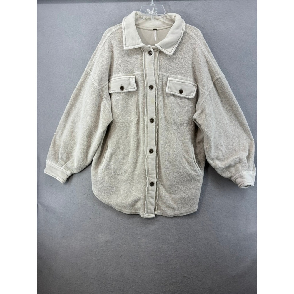 Free People Ruby Jacket Women Sz L Cream Oversized Fleece Shacket Pockets